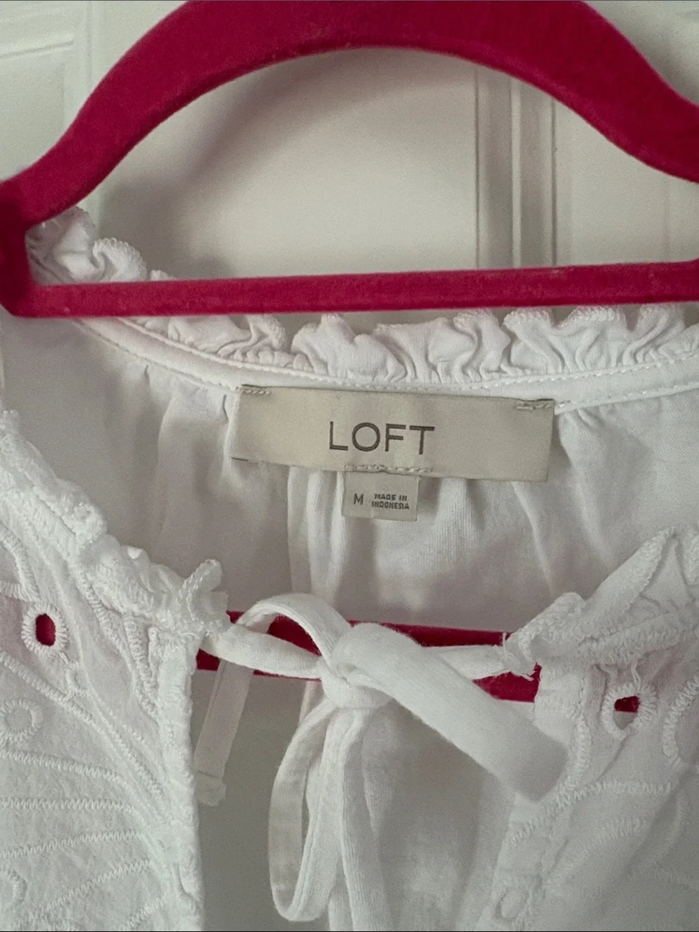 LOFT White Eyelet Tie-Neck Puff Sleeve Blouse